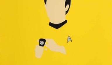 Goldenrod background with a figure with black hair and Star Trek shirt depicting George Takei